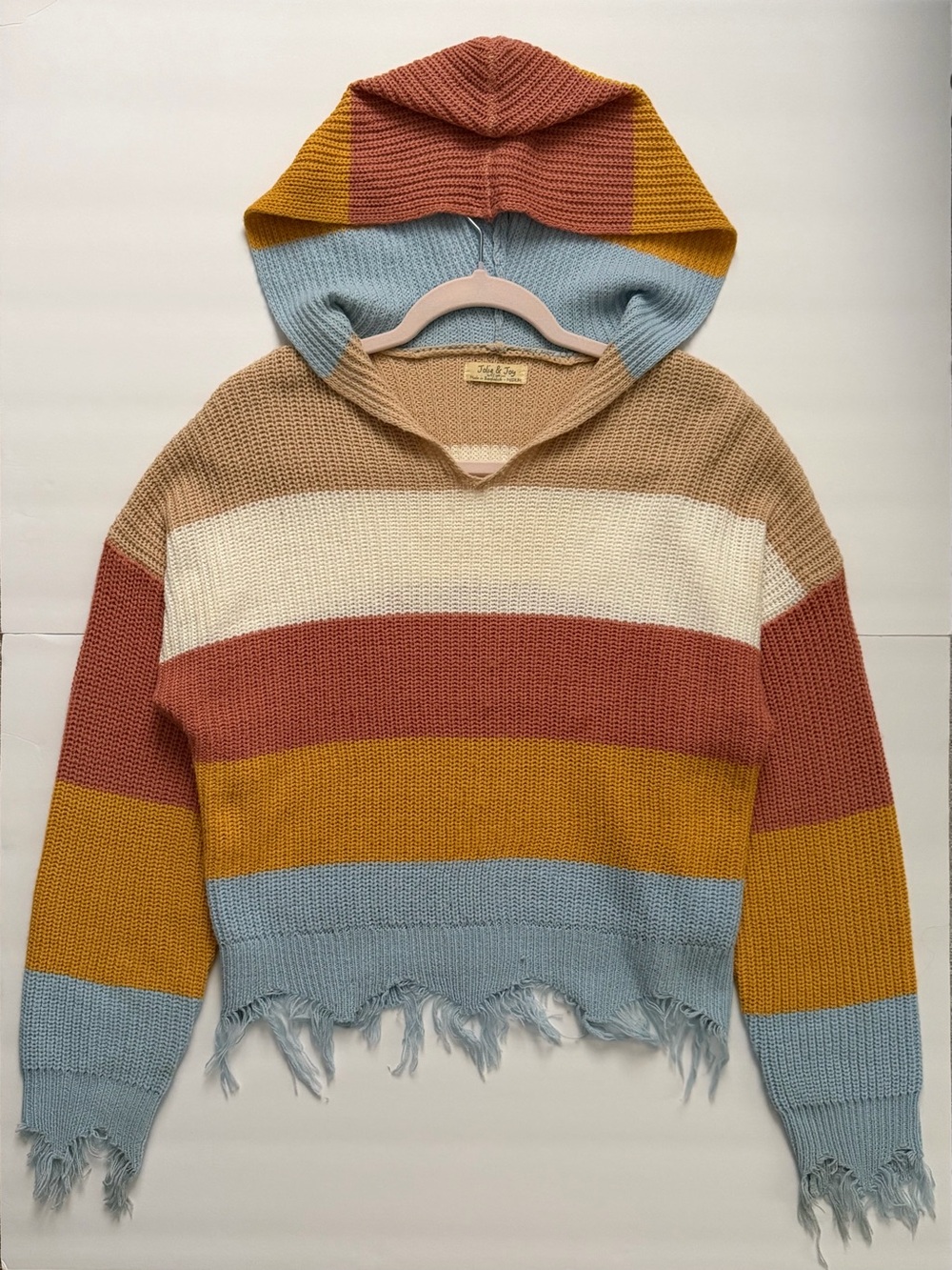 Striped Hooded Knit Sweater in Rust, Mustard & Light Blue